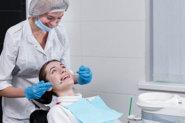 Patient and doctor smiling while performing a dental procedure