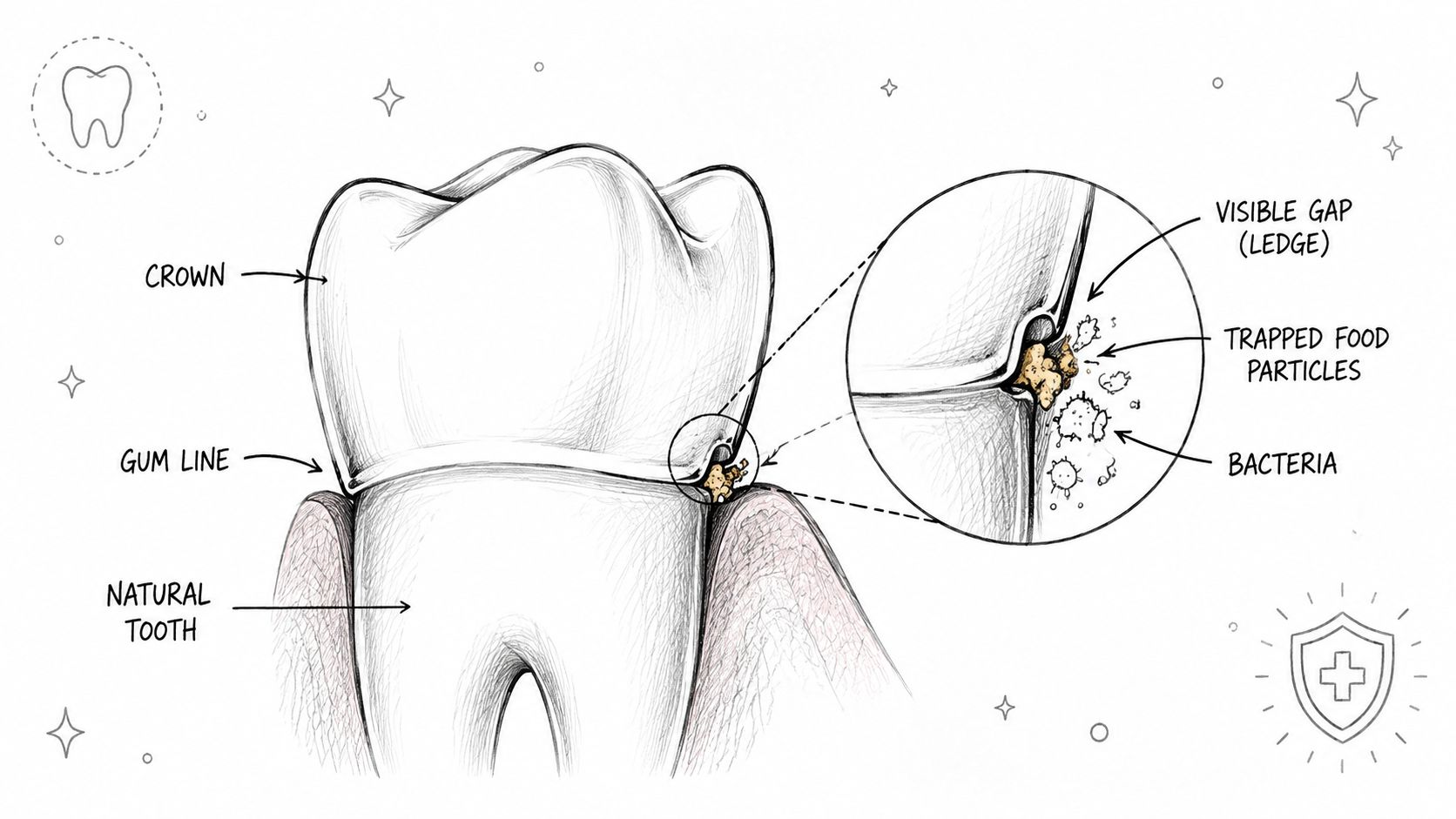 A detailed illustration showing a dental crown with a visible gap causing food and bacteria accumulation.