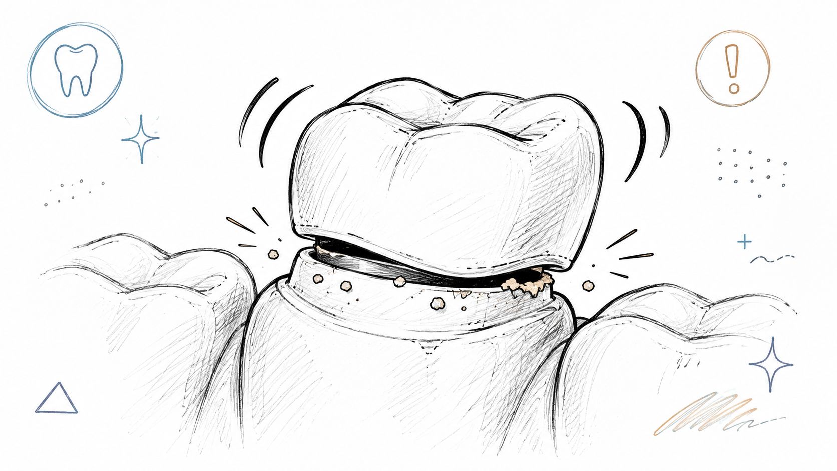A detailed medical sketch showing a loose dental crown lifting off an underlying damaged tooth structure.