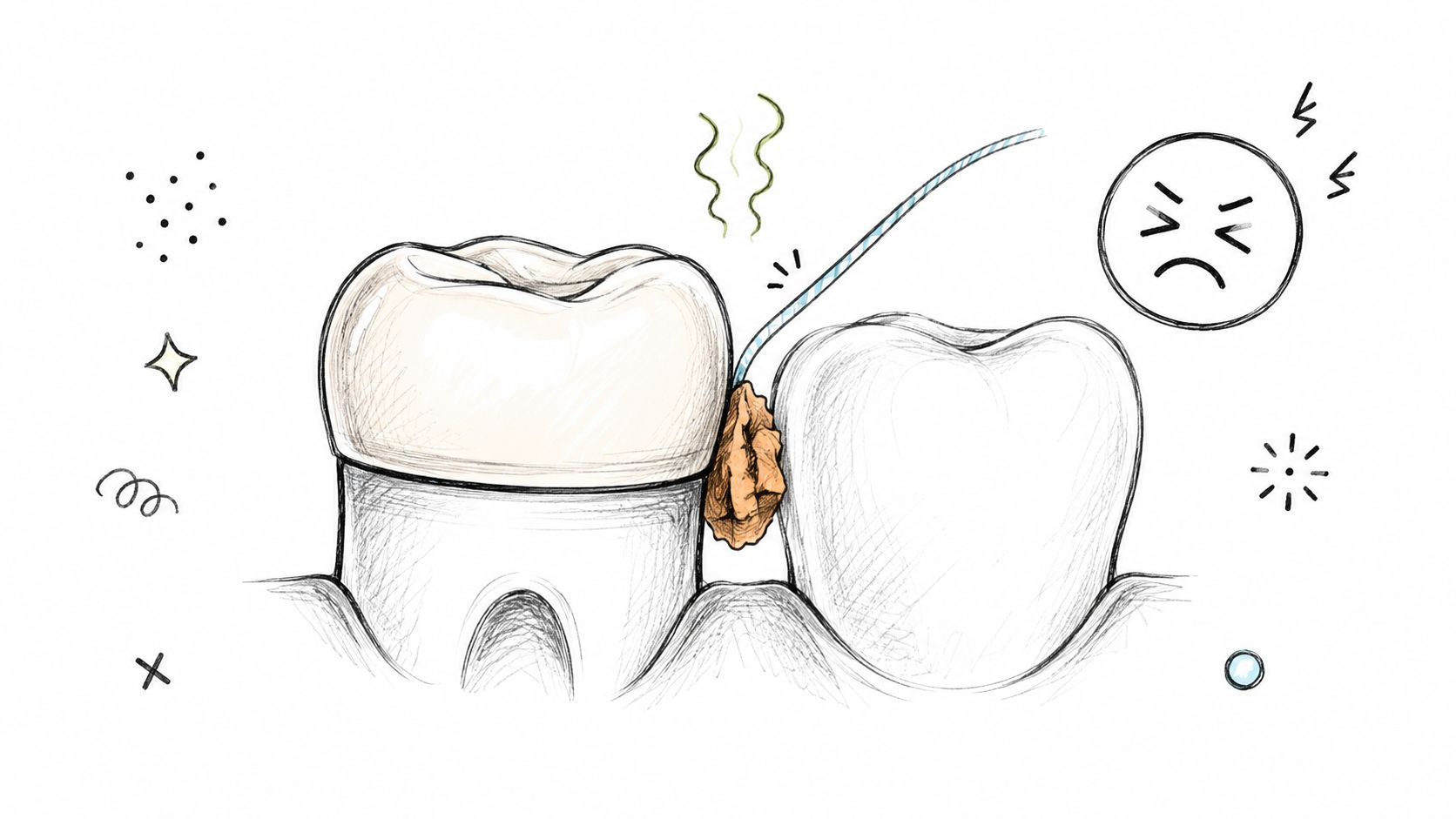 A conceptual medical sketch showing food stuck between two teeth causing a bad-fitting dental crown issue.