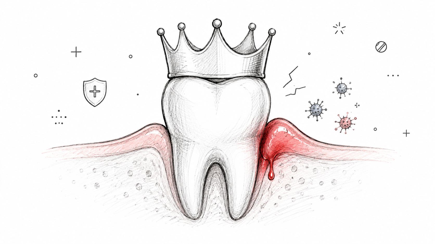 A pencil sketch of a tooth with a crown, showing gum inflammation, bleeding, and surrounding bacteria.