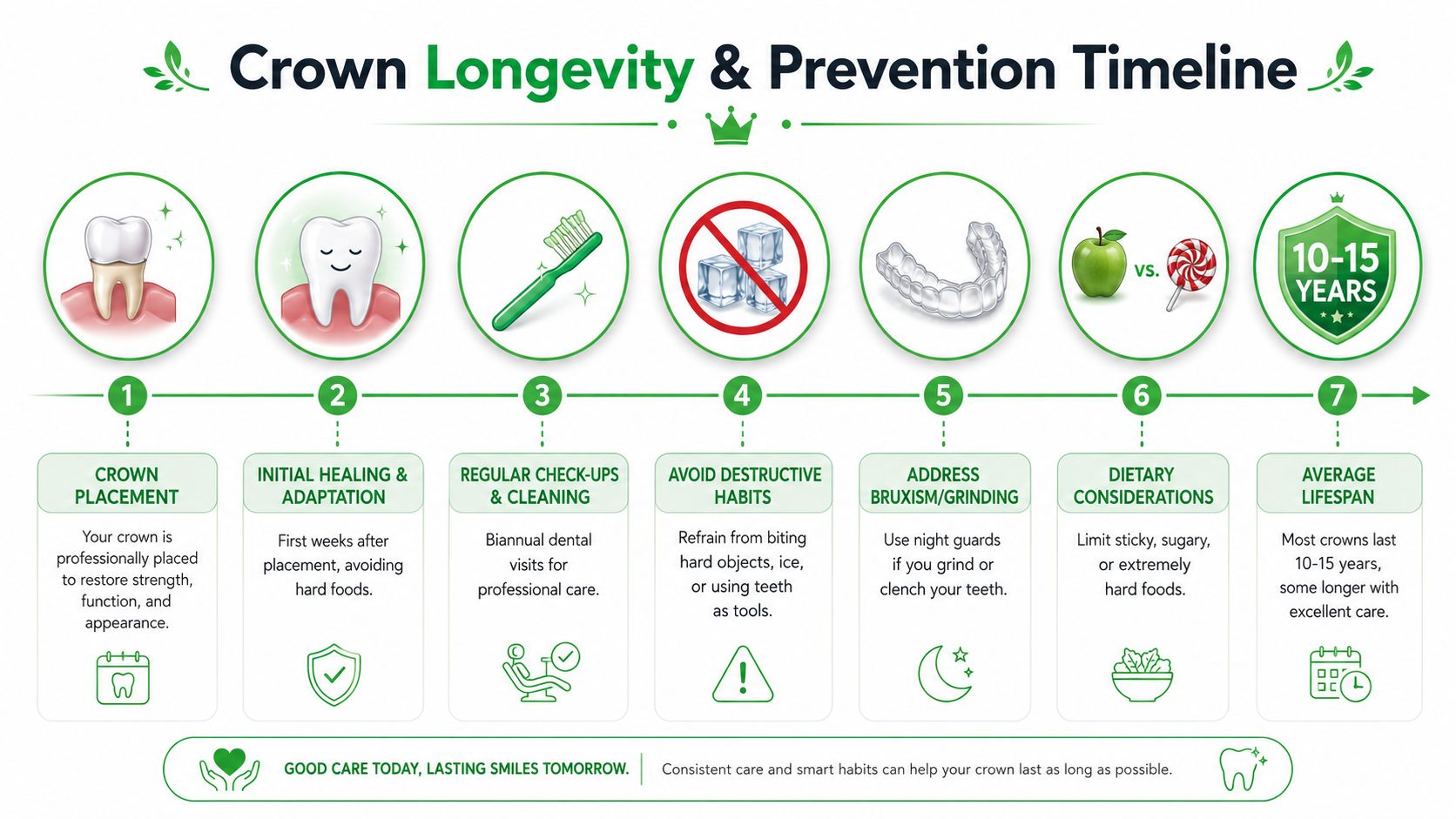 A timeline graphic showing seven steps for the proper care and maintenance of dental crowns.