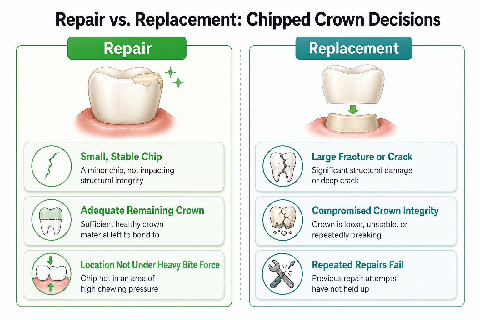 An infographic comparing when a chipped dental crown should be repaired versus when it requires a full replacement.
