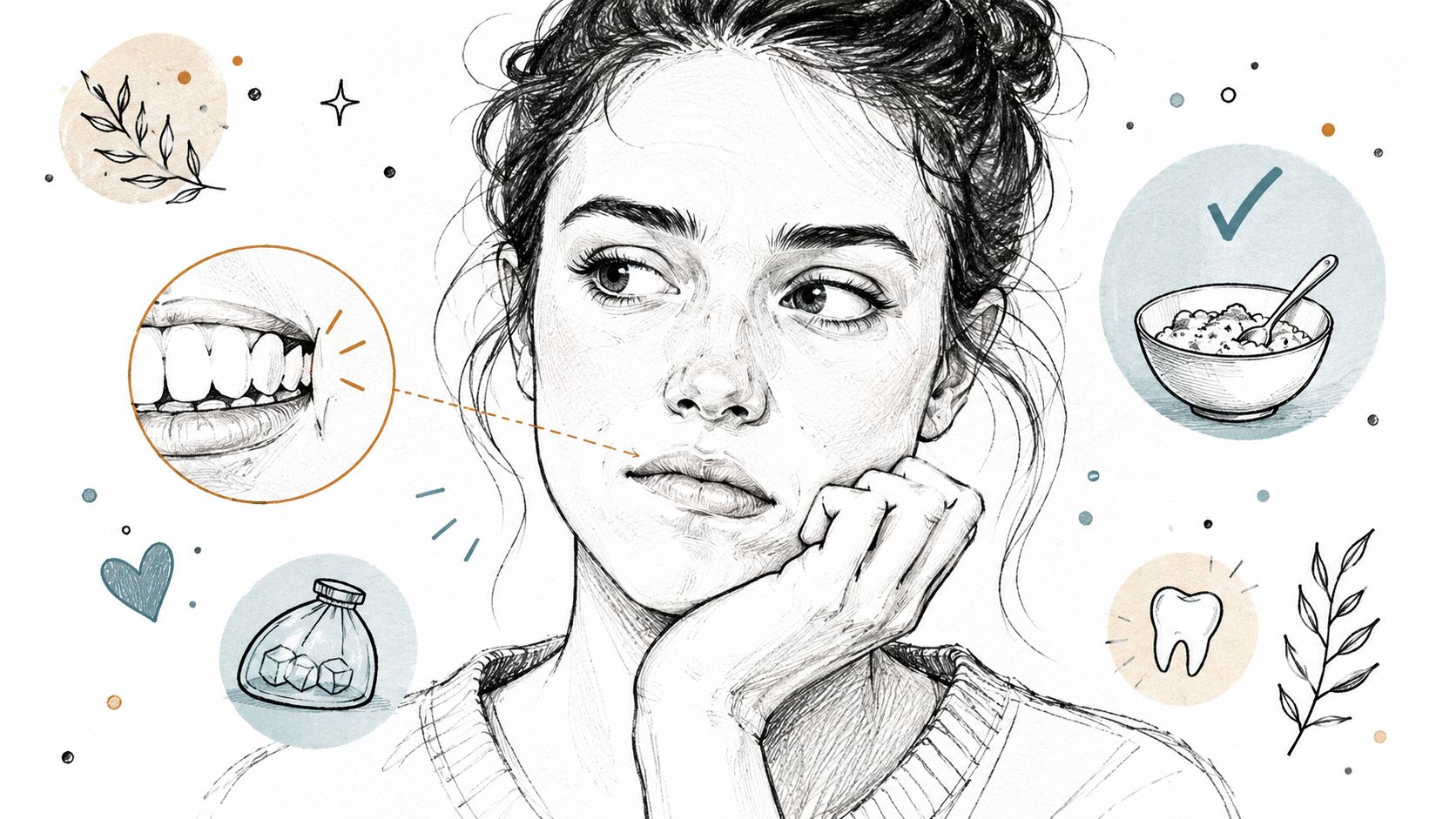 A pencil-style illustration of a woman contemplating her teeth next to icons of food and sugar.