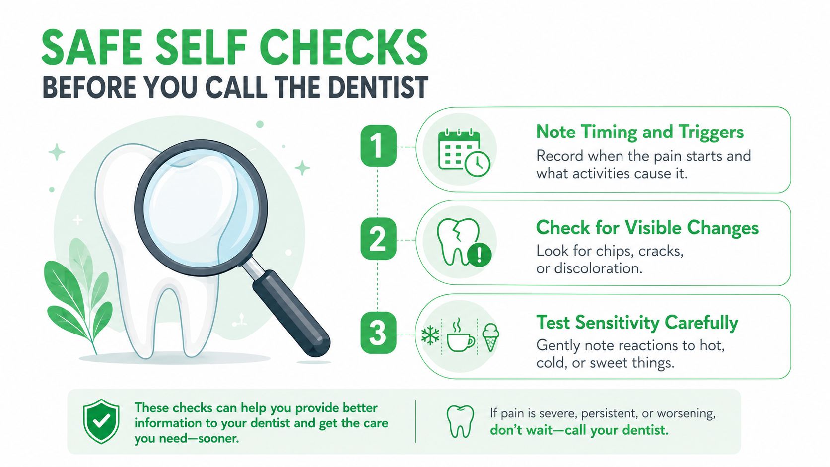 A dental infographic showing three safe self-check steps for patients to assess tooth pain before calling dentists.