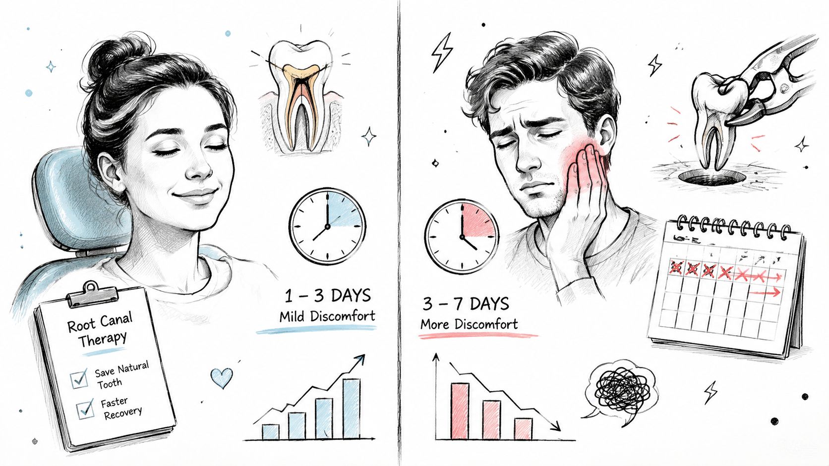 A split illustration comparing the recovery process between a dental root canal procedure and a tooth extraction.