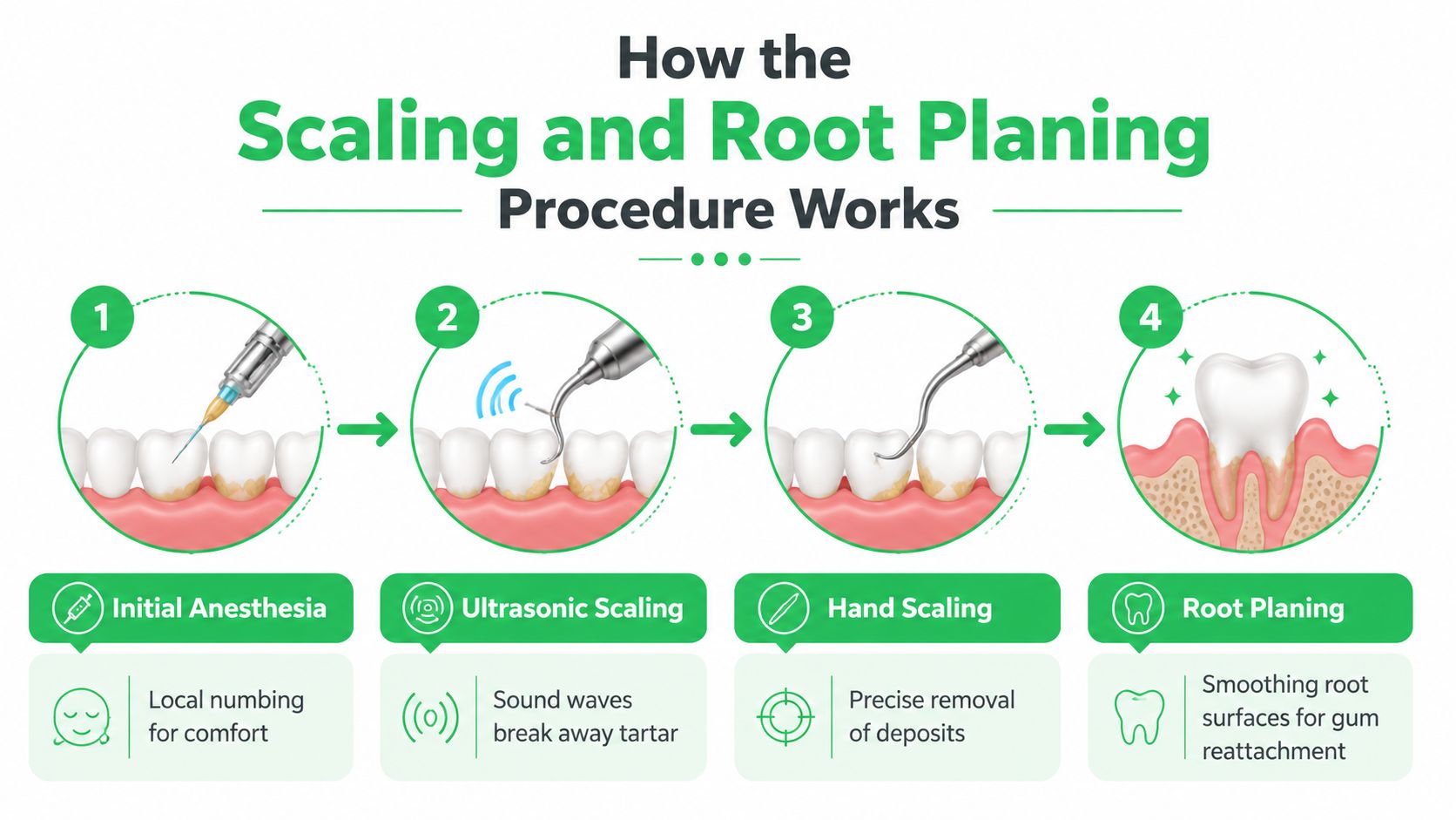 A four-step infographic showing the professional dental procedure of scaling and root planing for gum disease treatment.